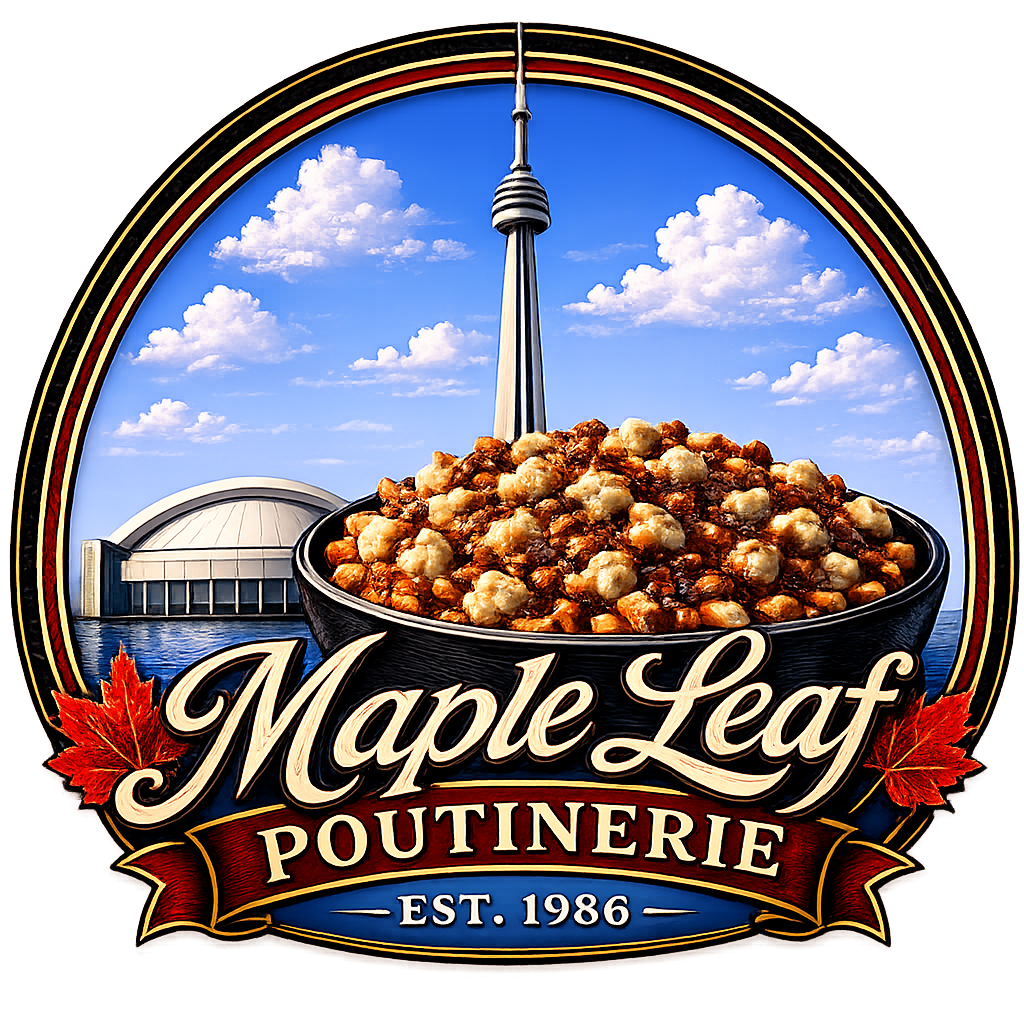 An AI-generated image of a poutine with the text 'Maple Leaf Poutinerie'